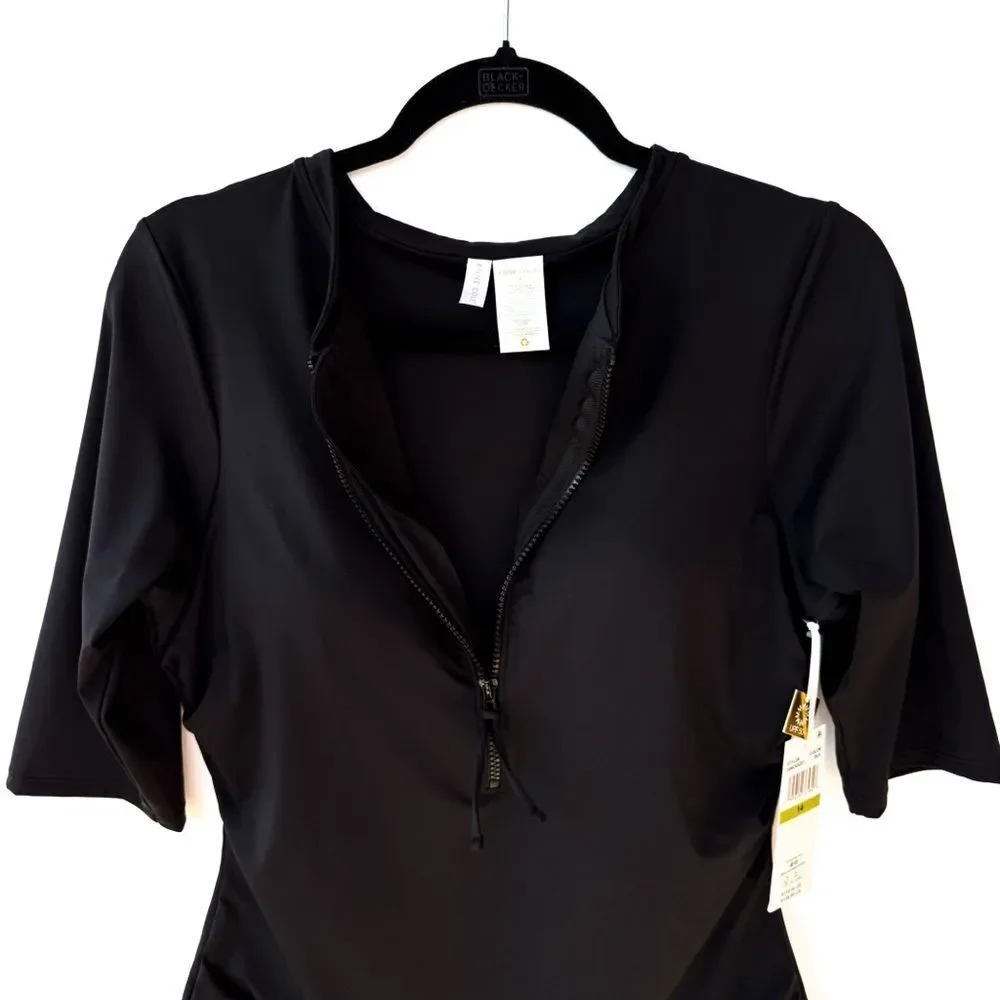 NWT Anne Cole Black Short Sleeve One Piece Live In Half Zip Rash Guard Swimsuit